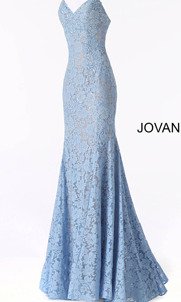 The Long Prom Dress 37334 by Jovani is a light blue, strapless formal dress with a sweetheart neckline, fitted bodice, floor-length flared hem, and slight train. Elegant lace design shown on a white background.